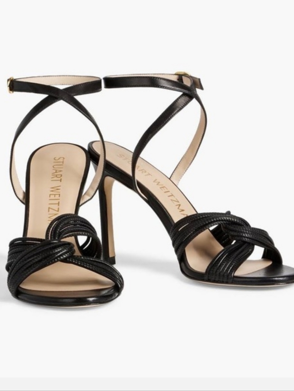 Stuart Weitzman Twist Sleek 95 Black leather sandal heels, size 9.5